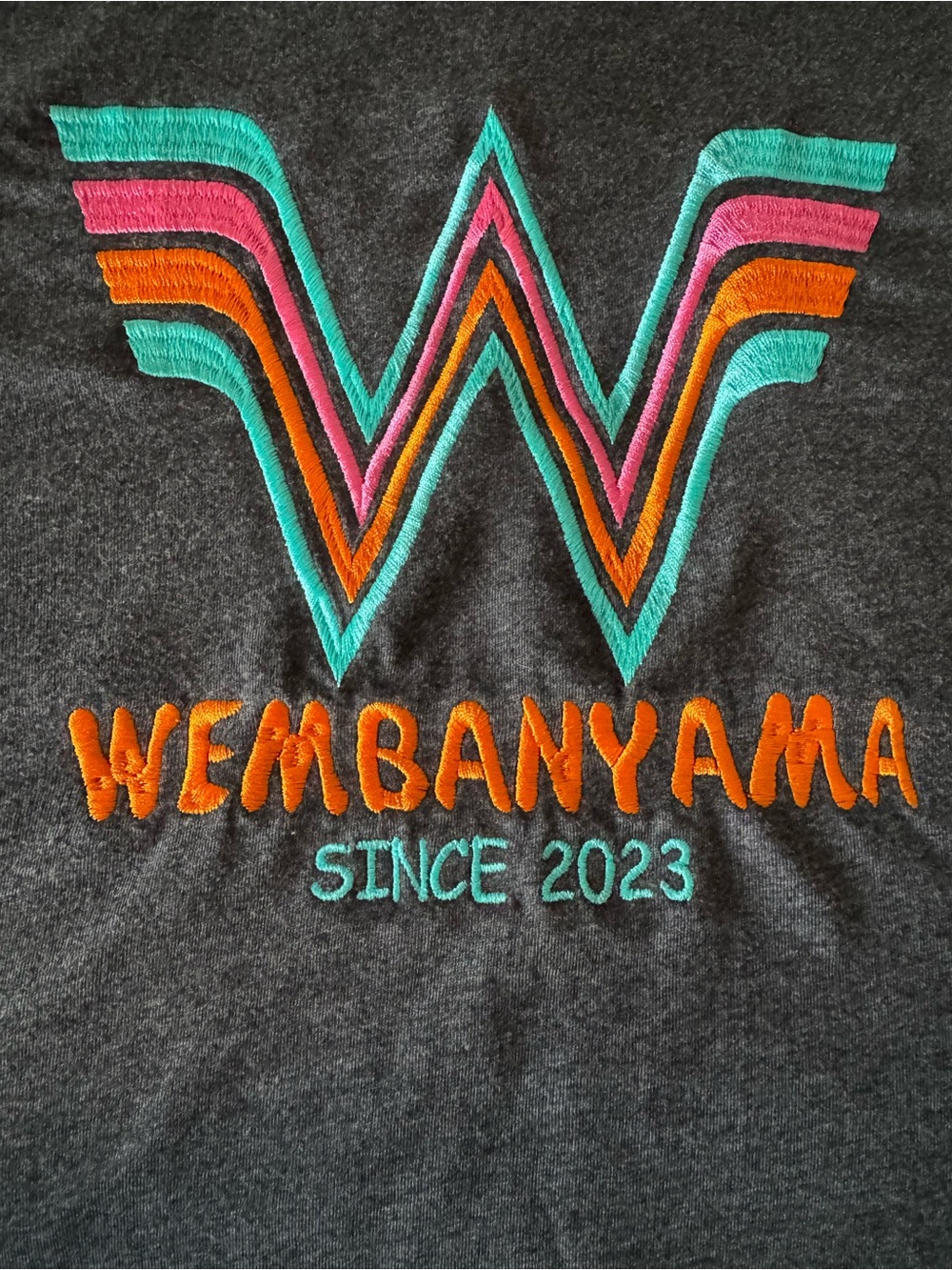 Wembanyama Embroidered Graphic Tee in Teal & Orange Size Large